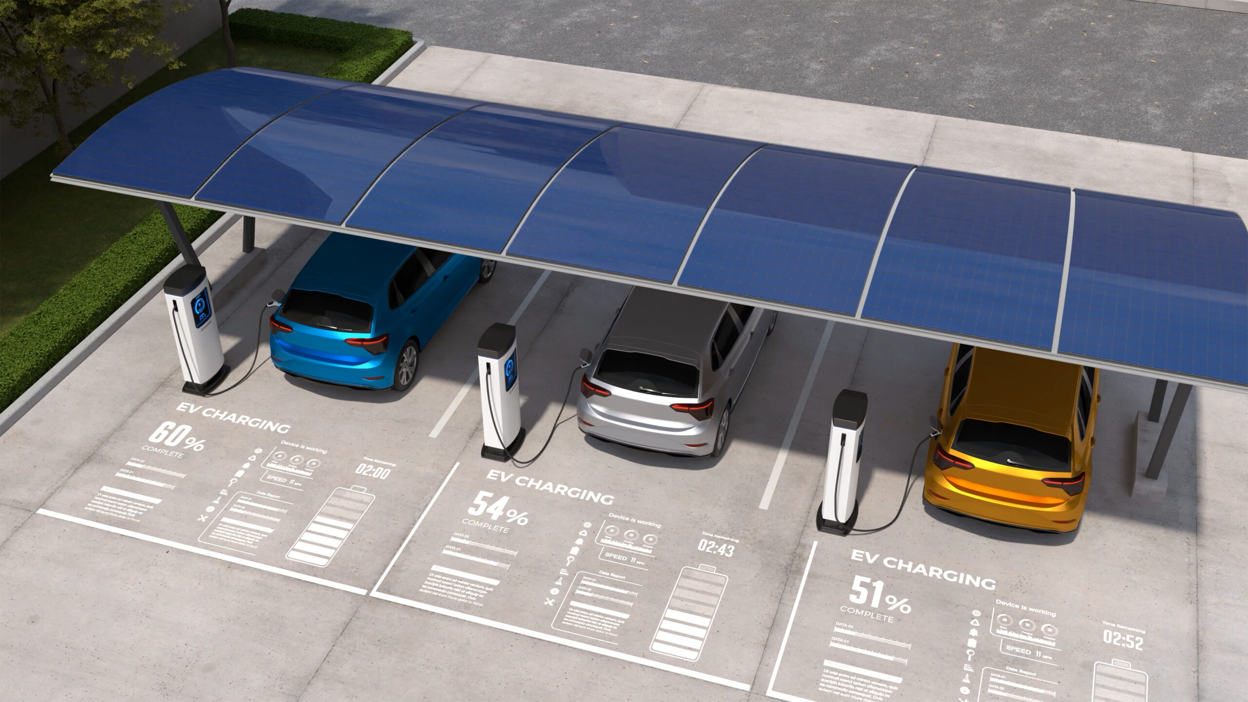 Electric cars are being charged in vehicle parking with solar panel energy